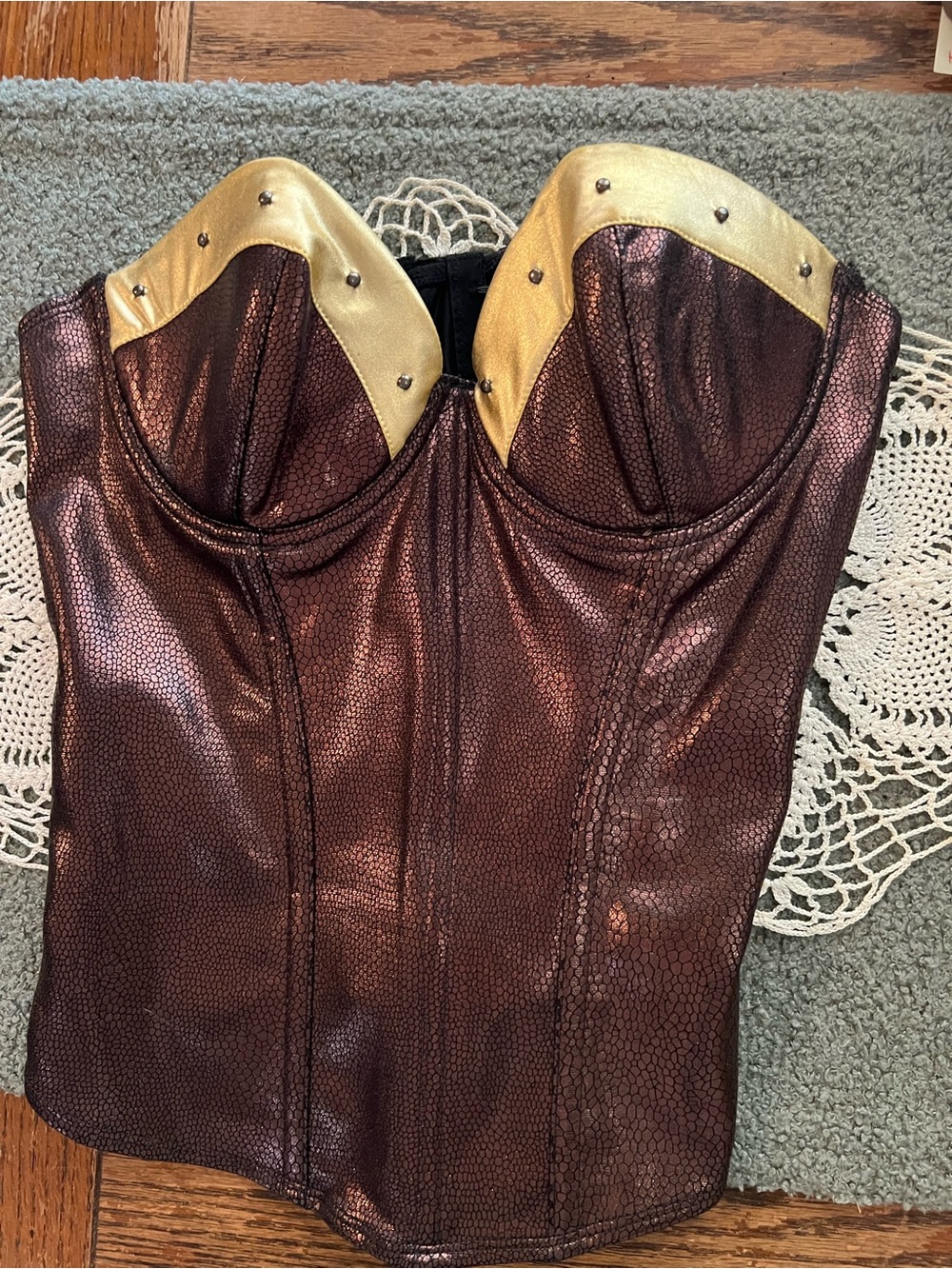 Metallic Bronze Strapless Bustier with Gold Trim Size Medium